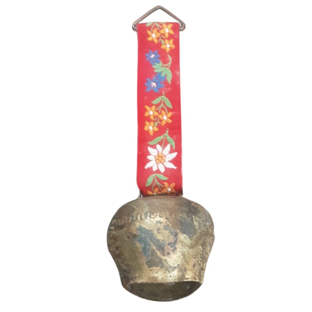 Antique Swiss Cowbell Brass Embroidered Strap Wall Hanging